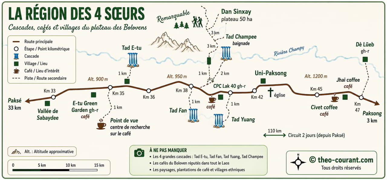 Carte des Quatre Sœurs sur le plateau des Bolovens, avec Tad Fane, Tad Yuang, Tad Champee et Tad E-Tu.