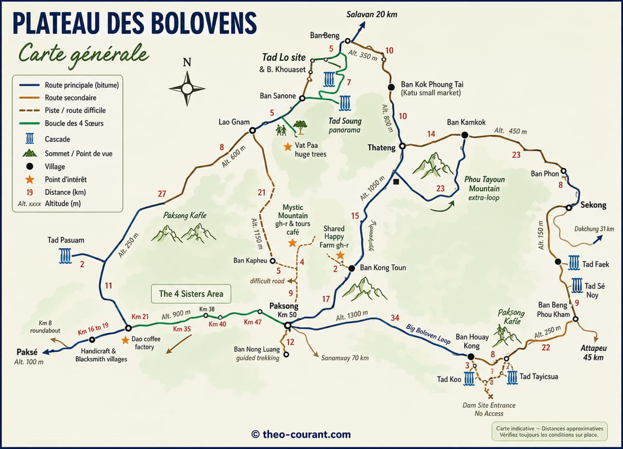 Carte de la boucle des Bolovens au Laos depuis Paksé, avec Paksong, Tad Lo, les Quatre Sœurs et les principales cascades.