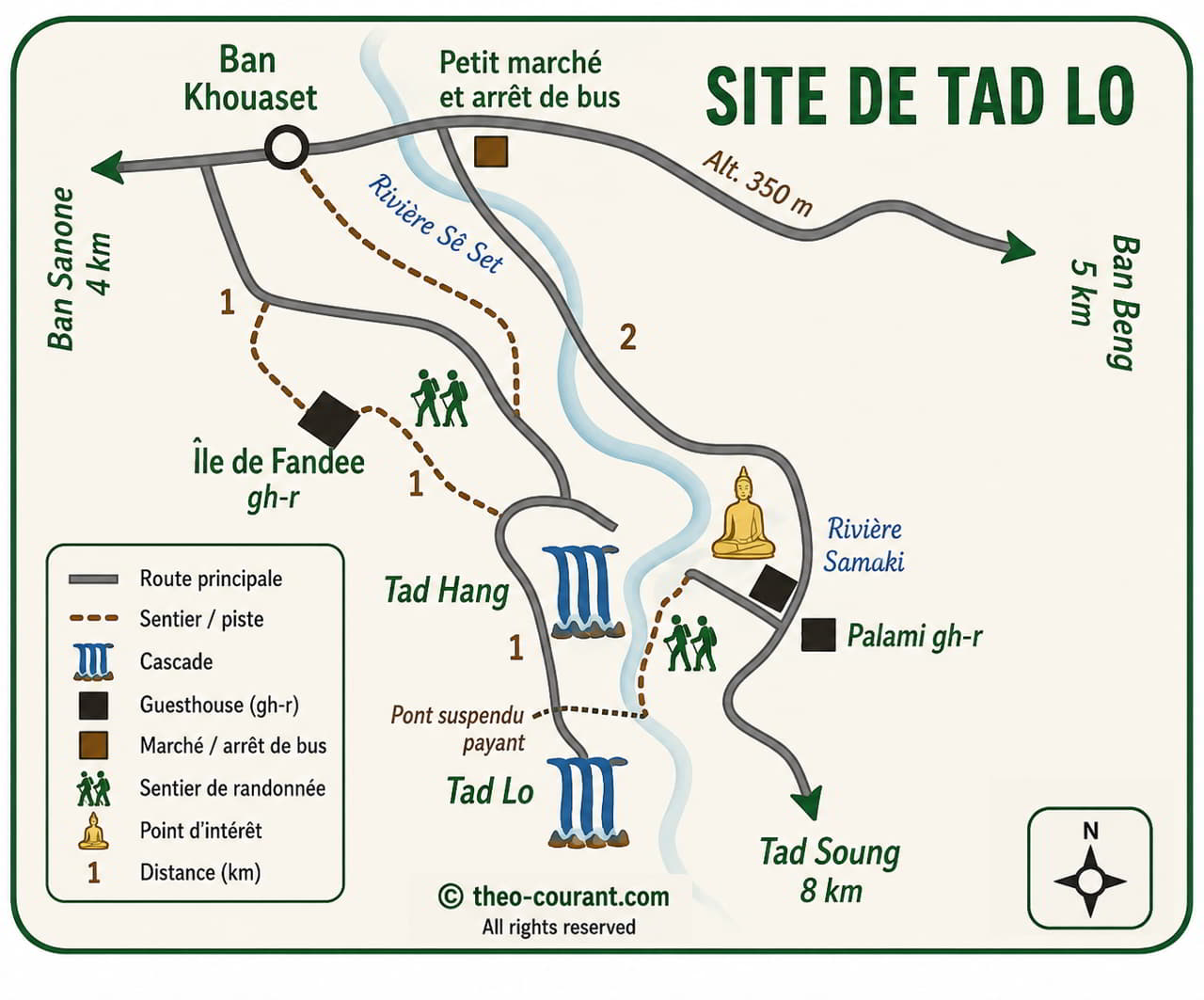 Plan de Tad Lo au Laos indiquant Tad Lo, Tad Hang, Tad Soung, les chemins et les hébergements