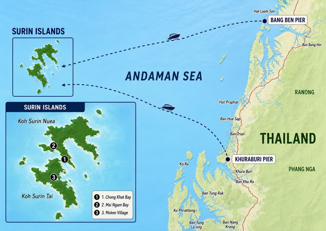 Carte pratique Koh Surin dans la province de Phang Nga carte de Koh Surin depuis la côte thaïlandaise